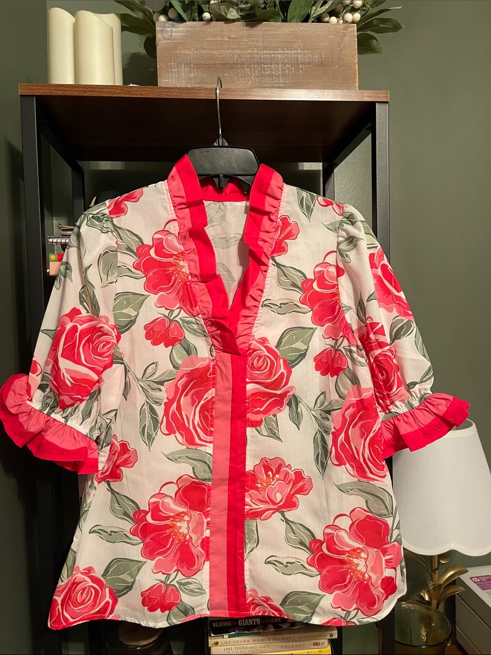 Ruffle-Trim Floral V-Neck Blouse - Pink/Green